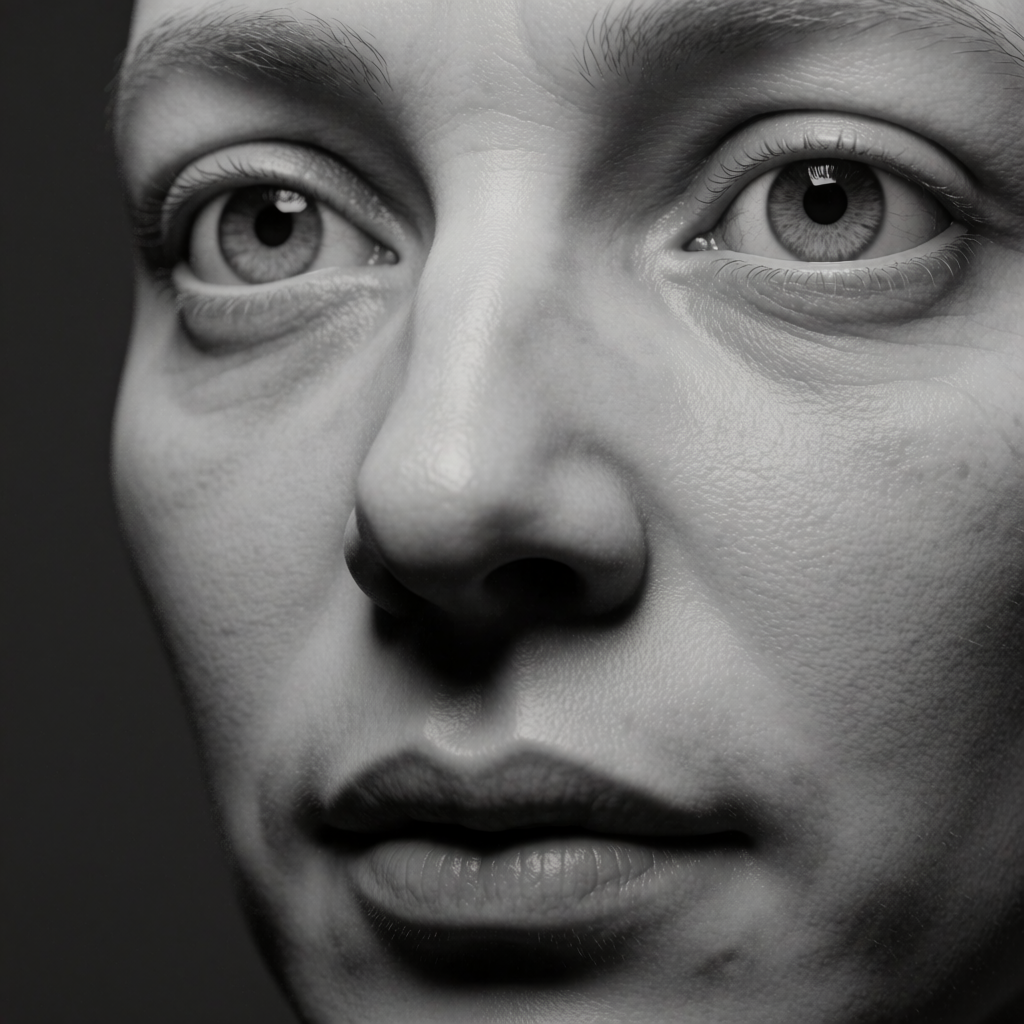 A human face with eyes, nose, and mouth but no eyebrows