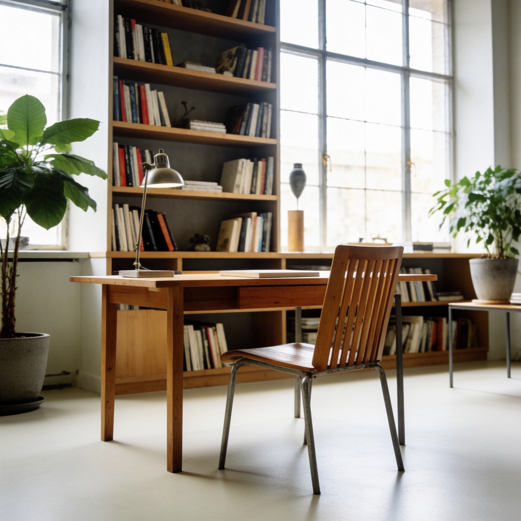 An office workspace with a desk, chair, bookshelf, and lamp 