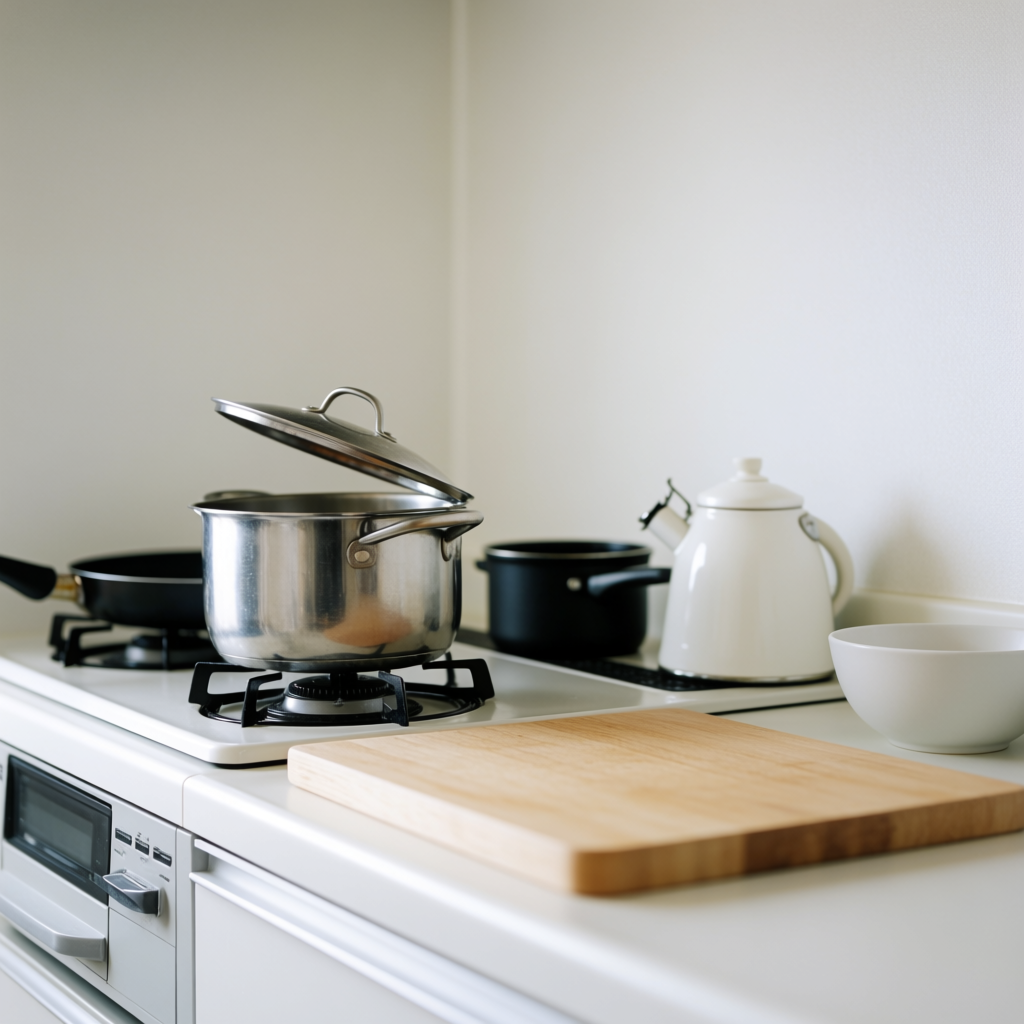 A kitchen with pots, pans, a stove, and a cutting board but 