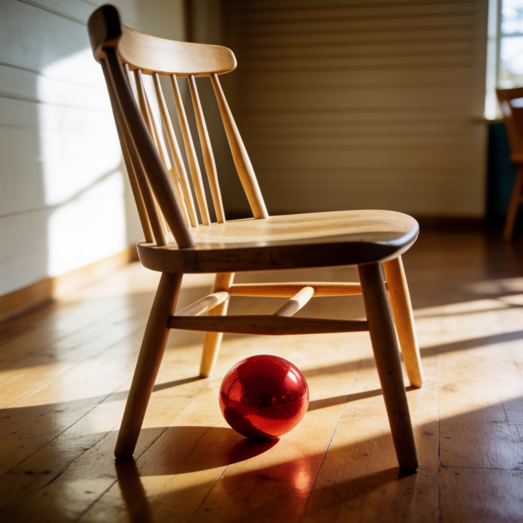 A red ball underneath a wooden chair