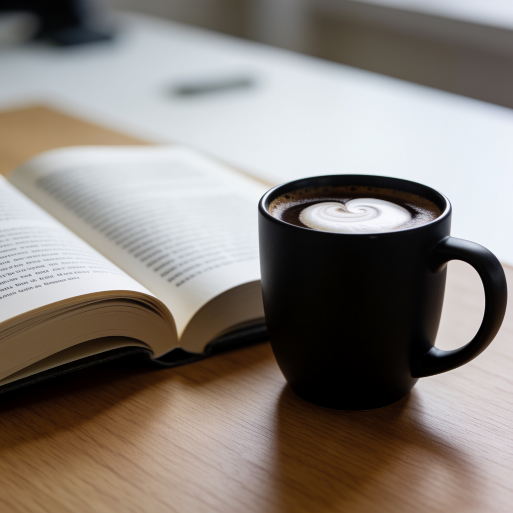 A coffee mug next to an open book on a desk