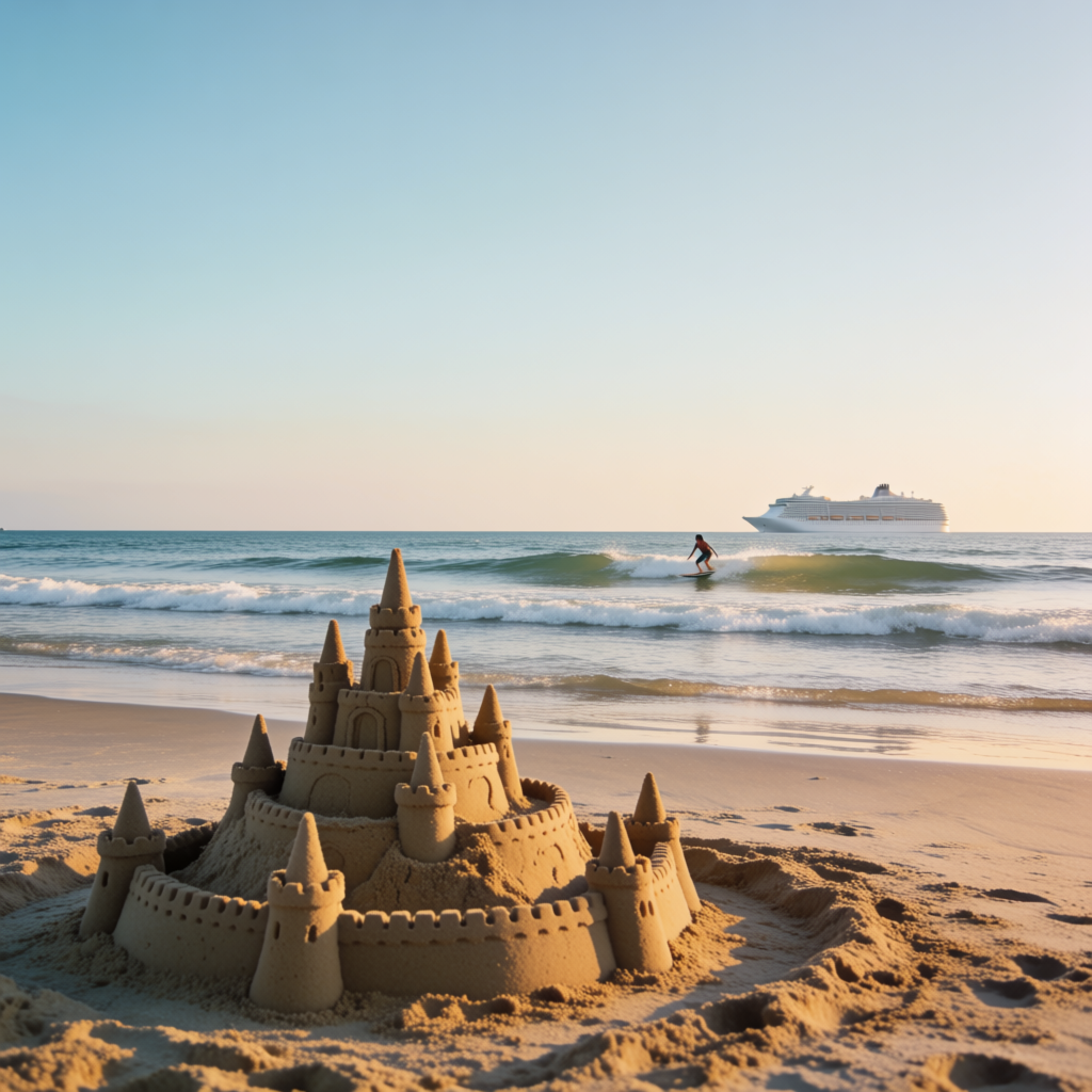 A beach scene with a sandcastle in the foreground, a surfer 