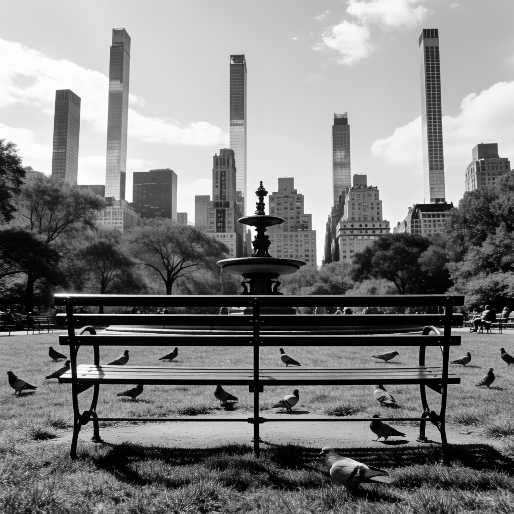 A city park with a park bench and pigeons in the foreground,