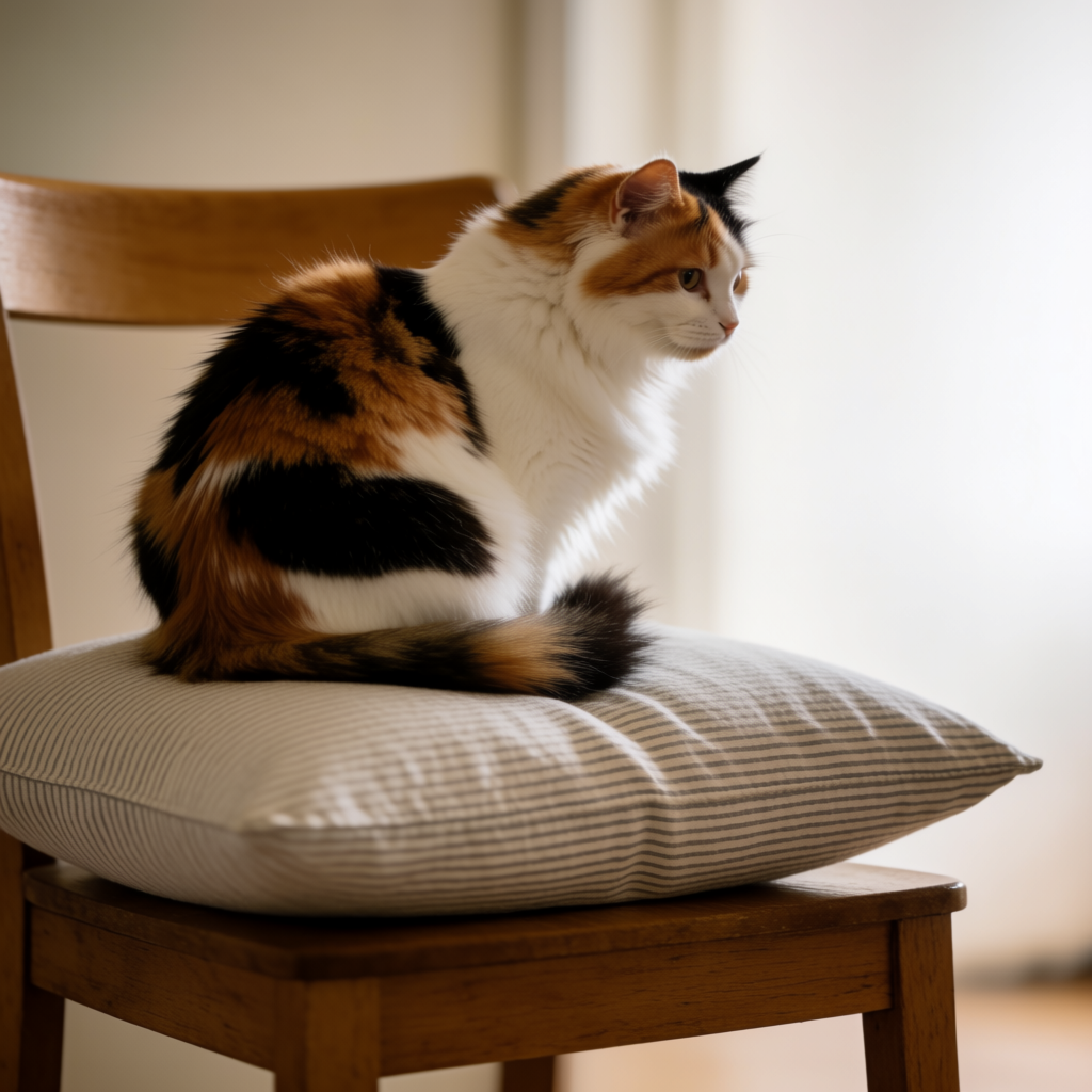 A cat sitting on a pillow, the pillow placed on a wooden cha