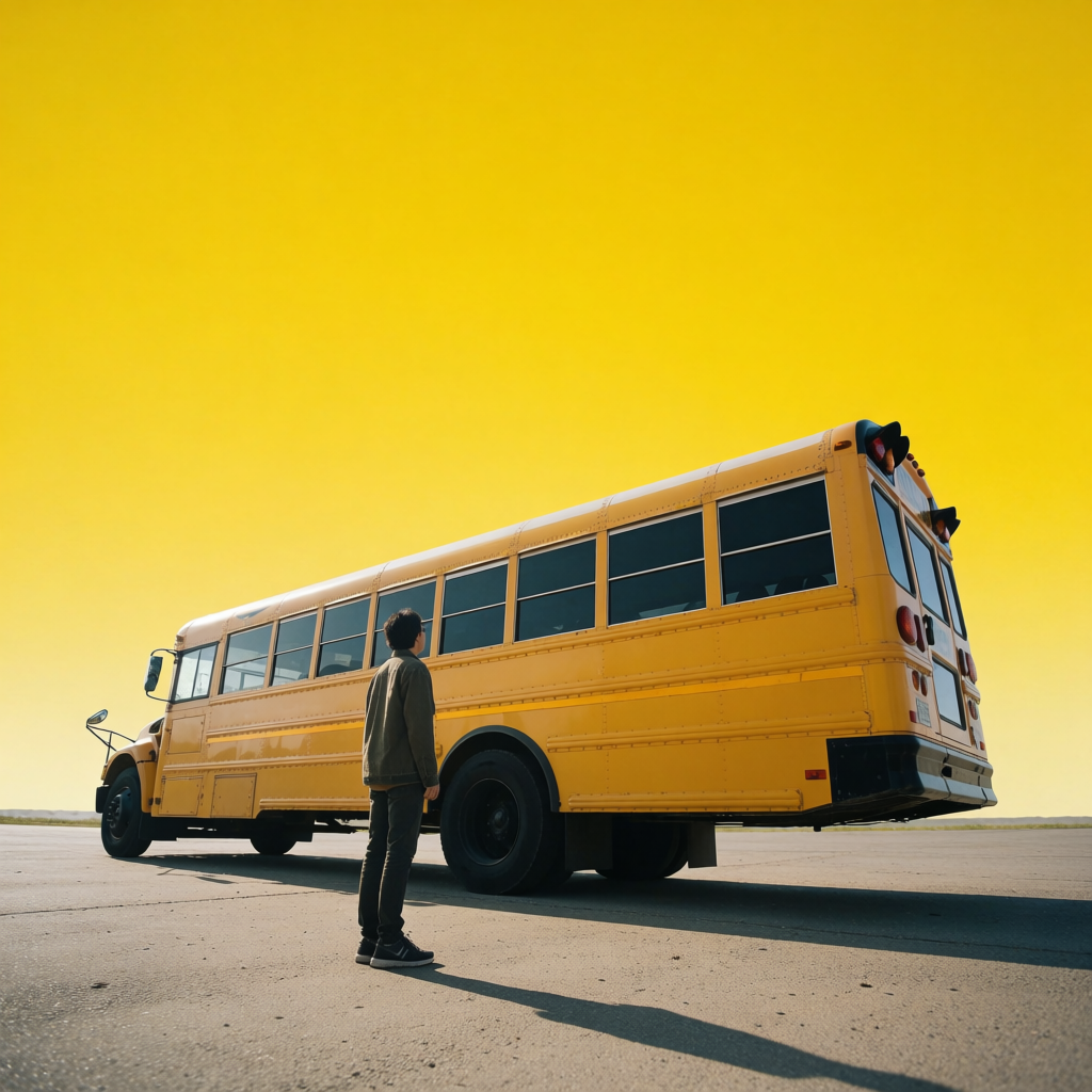 A person standing next to a yellow school bus, showing reali
