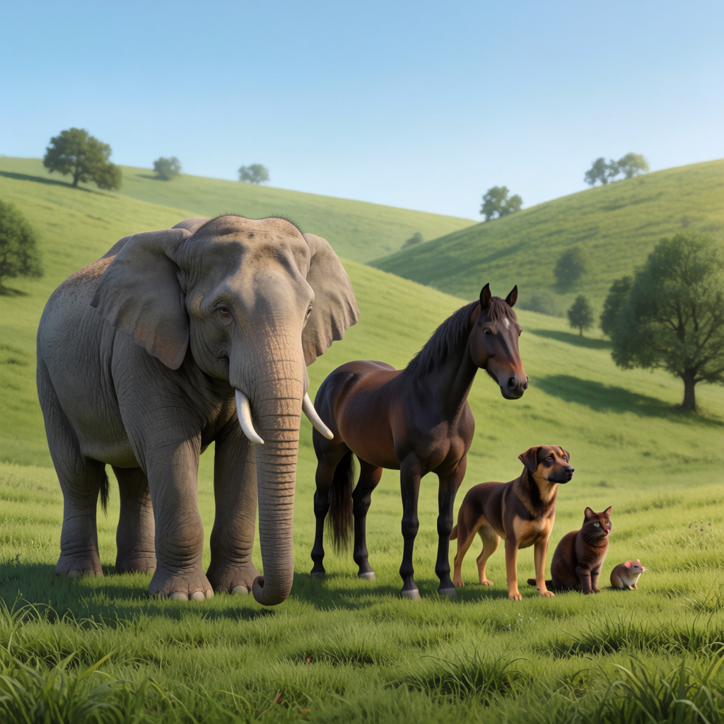 A group photo of an elephant, a horse, a dog, a cat, and a m