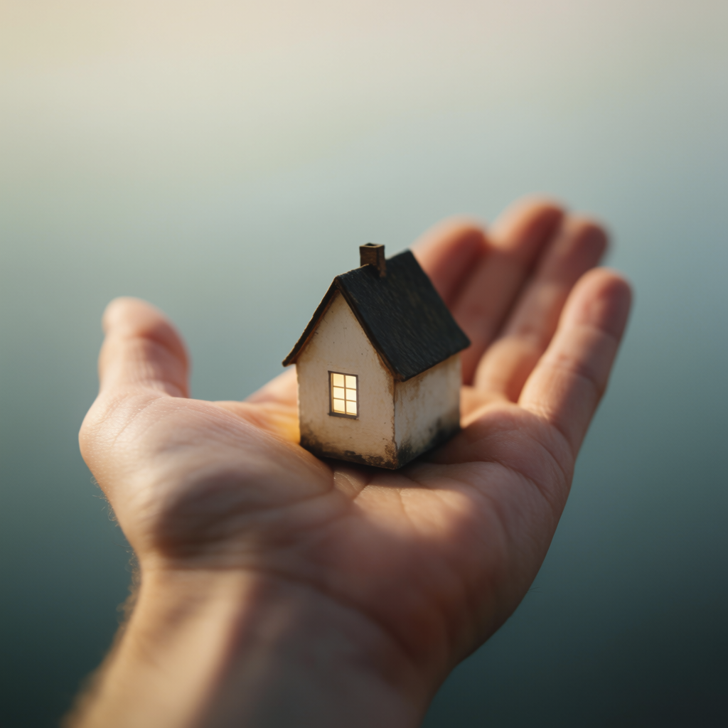 A miniature house sitting on the palm of someone's hand