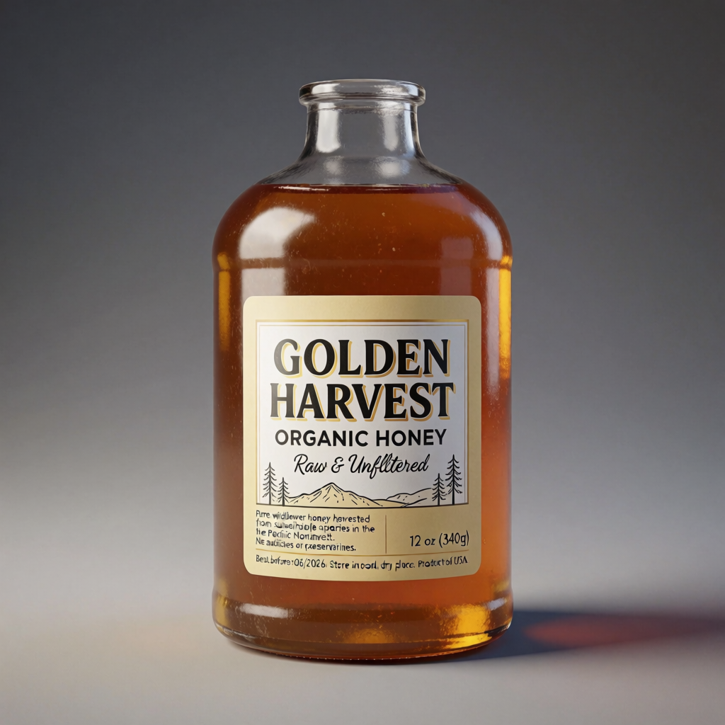 A product label for 'GOLDEN HARVEST ORGANIC HONEY' with subt