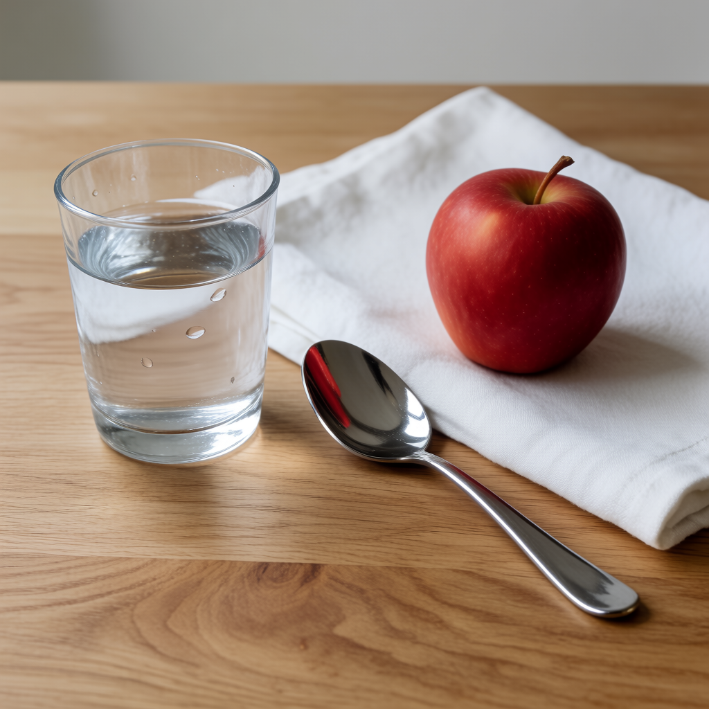 A still life on a wooden table featuring a clear glass of wa