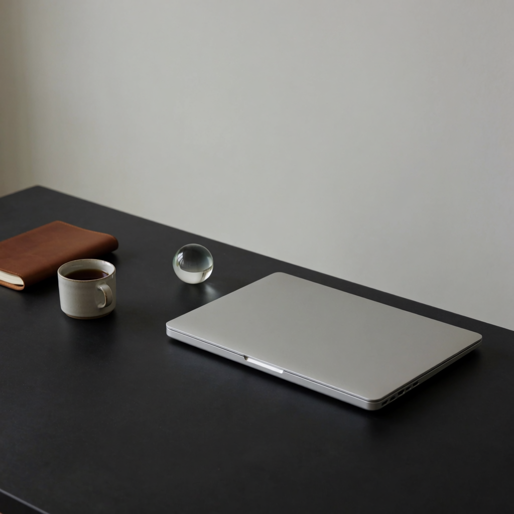 A workspace desk with a brushed aluminum laptop, a leather-b
