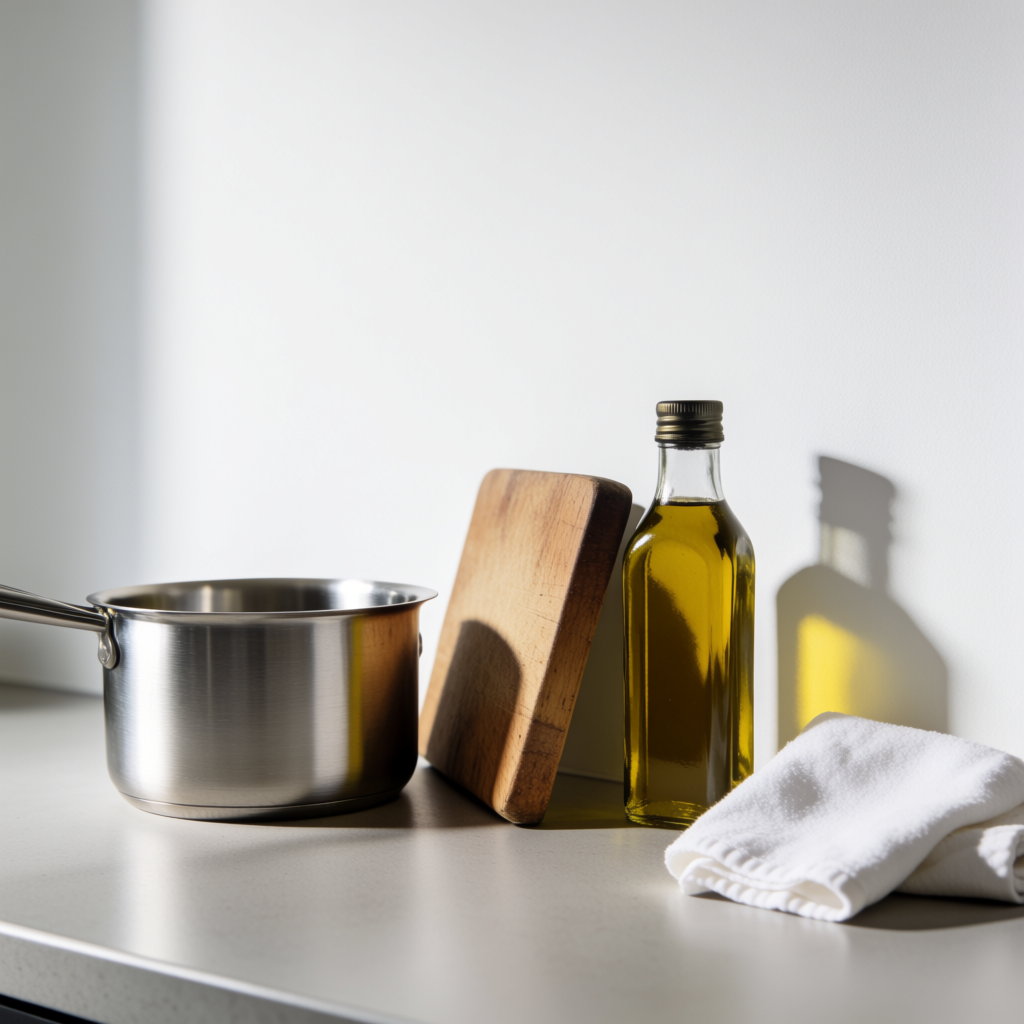 A kitchen counter with a stainless steel pot, a wooden cutti