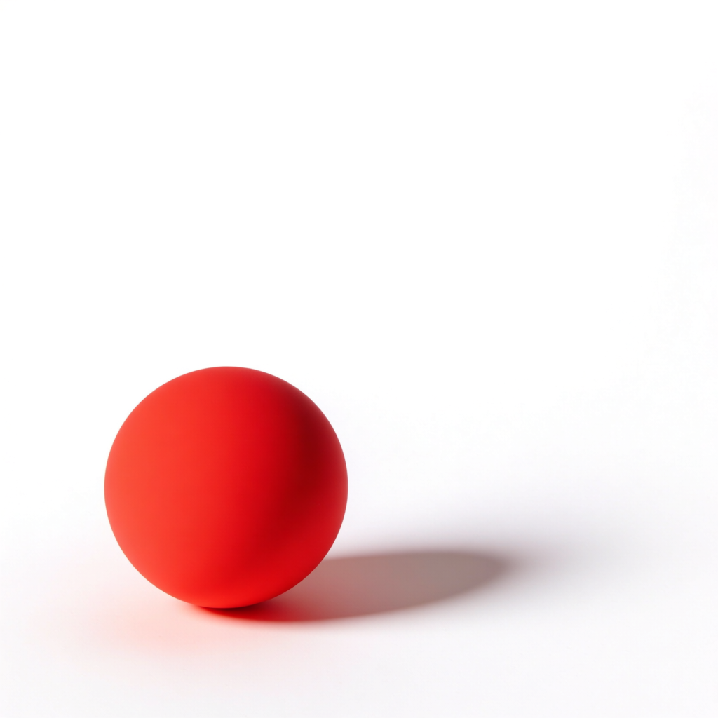 A red sphere on a white surface with a single shadow cast to