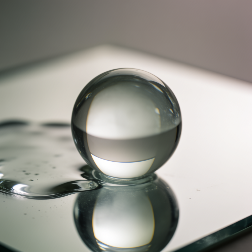 A clear glass sphere sitting on a mirror surface near a pool
