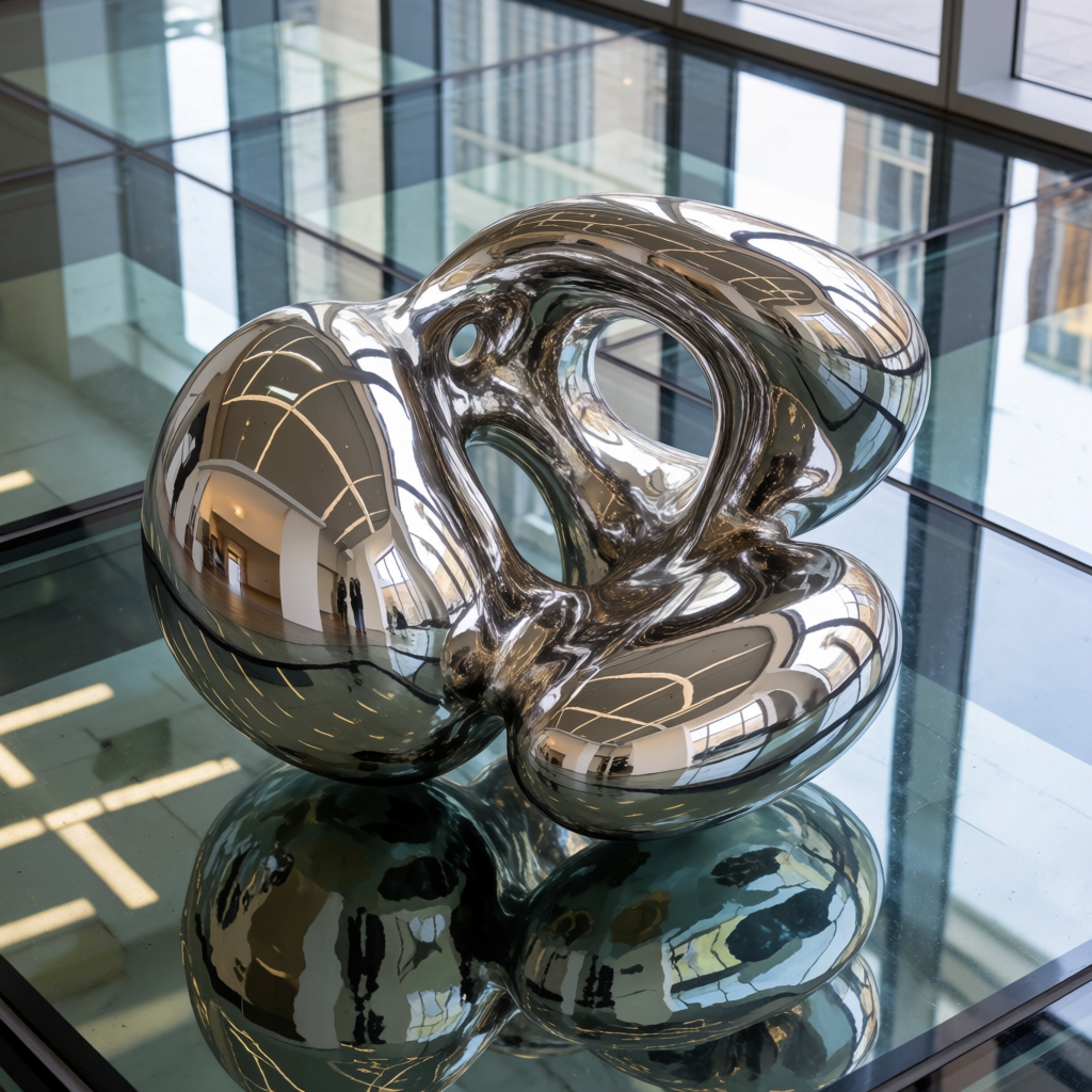 A chrome sculpture in a room with a glass floor and large wi