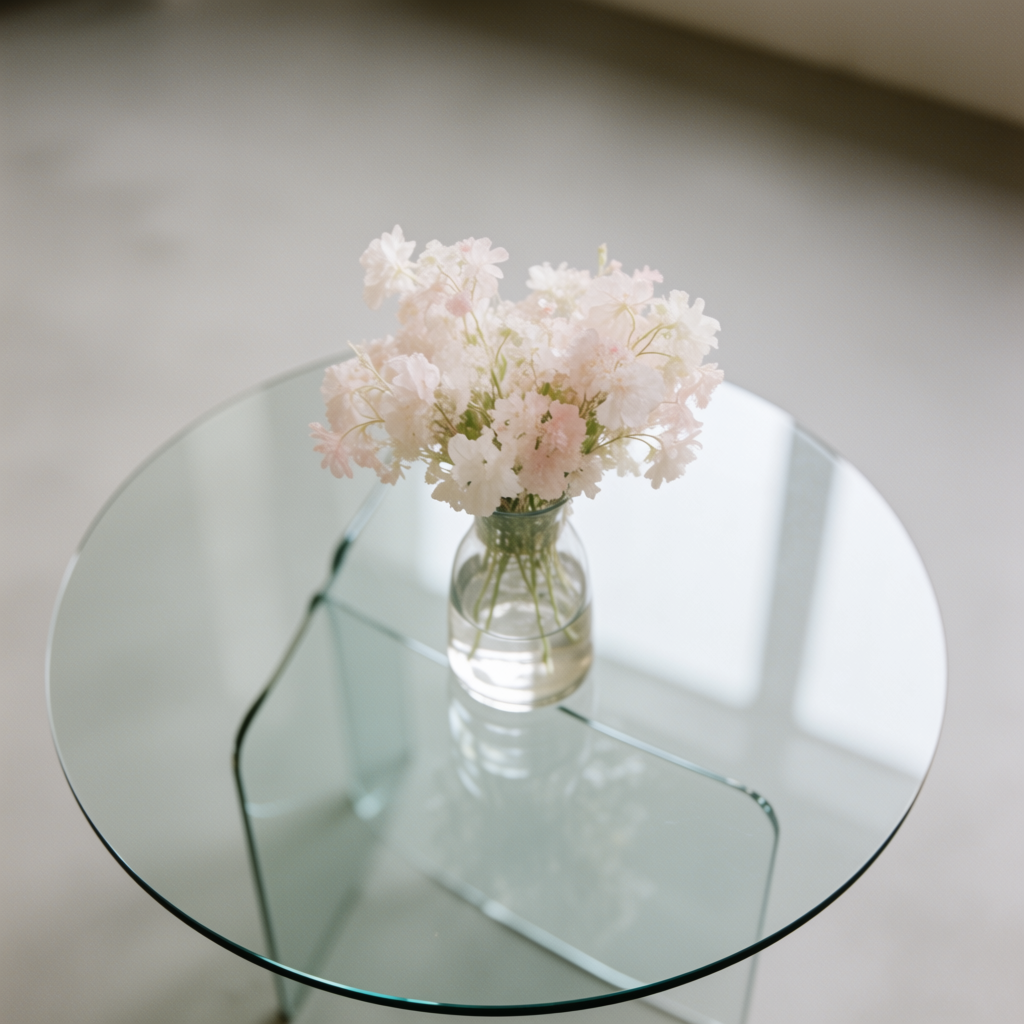 A vase of flowers on a glass table with a clear reflection v