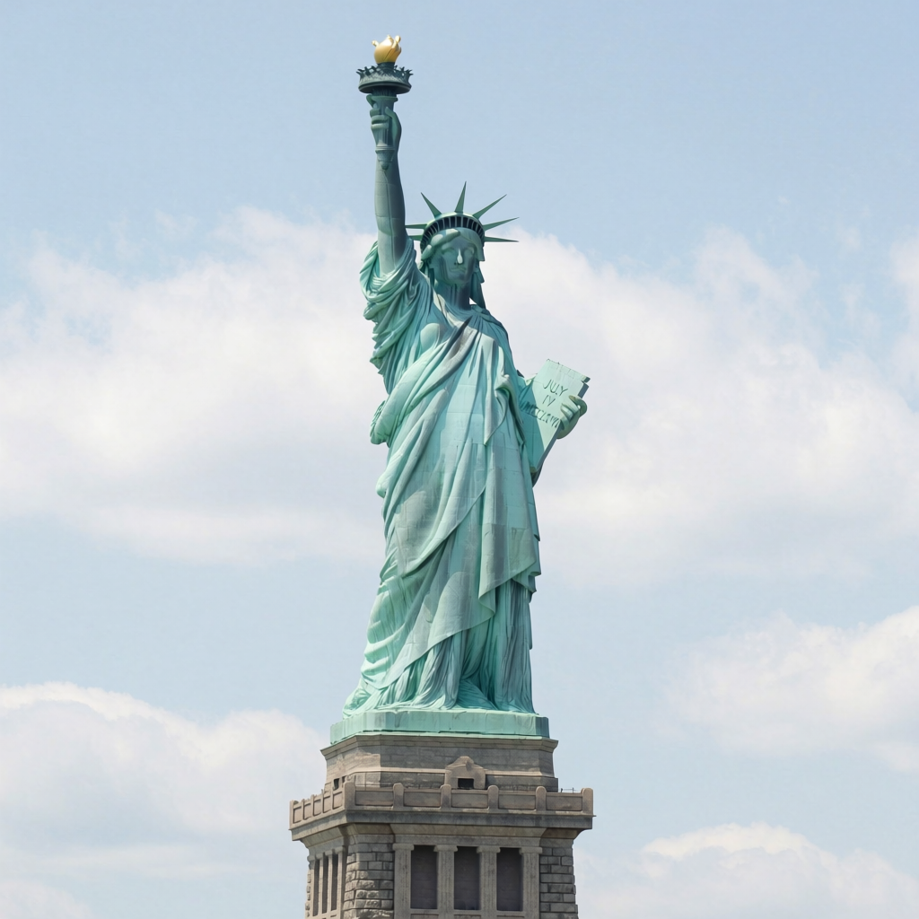 The Statue of Liberty on her island pedestal, with correct t