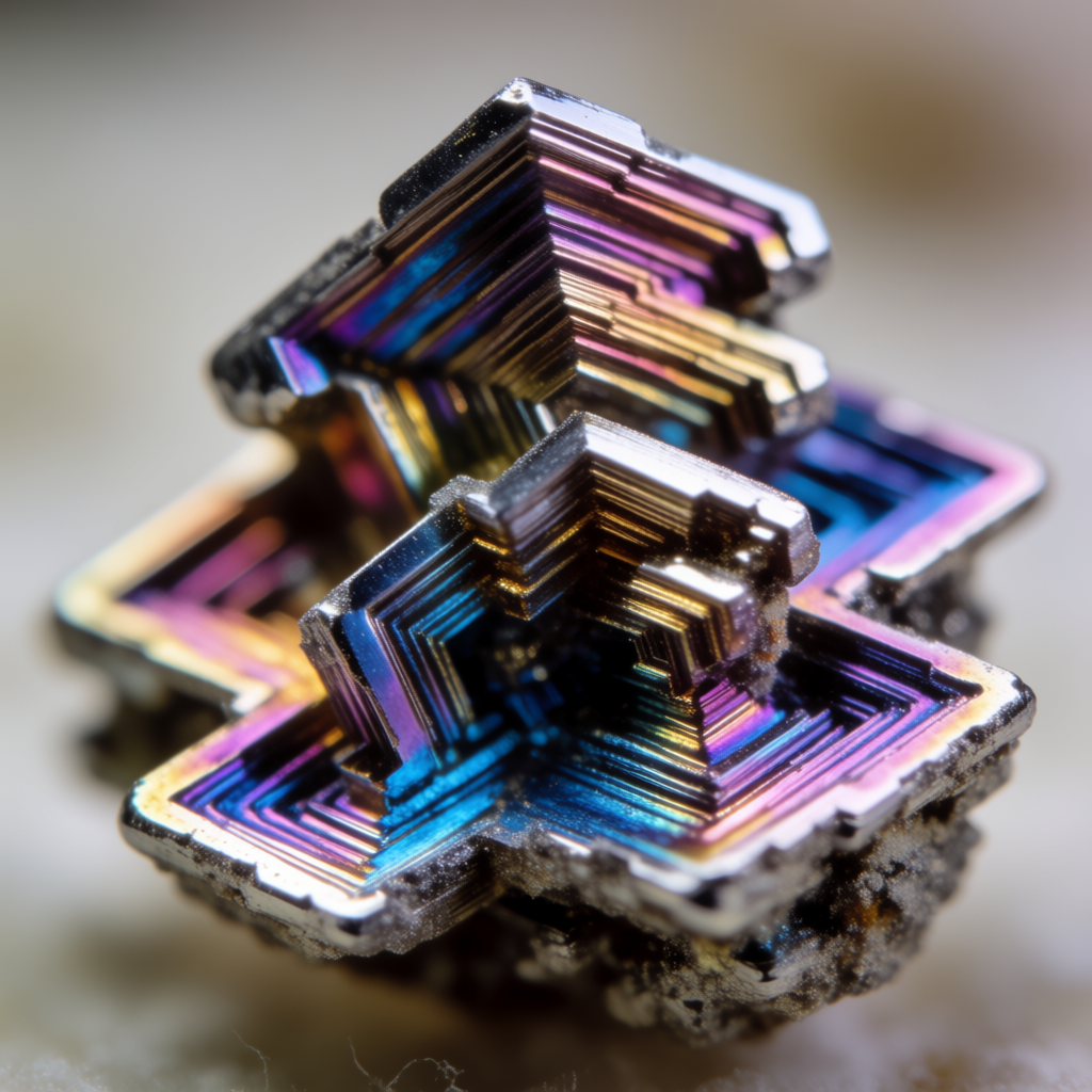 A specimen of bismuth crystal showing accurate iridescent ox