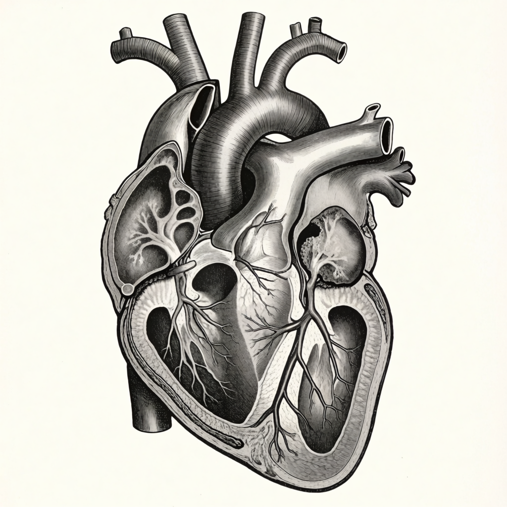 An anatomical illustration of the human heart showing four c