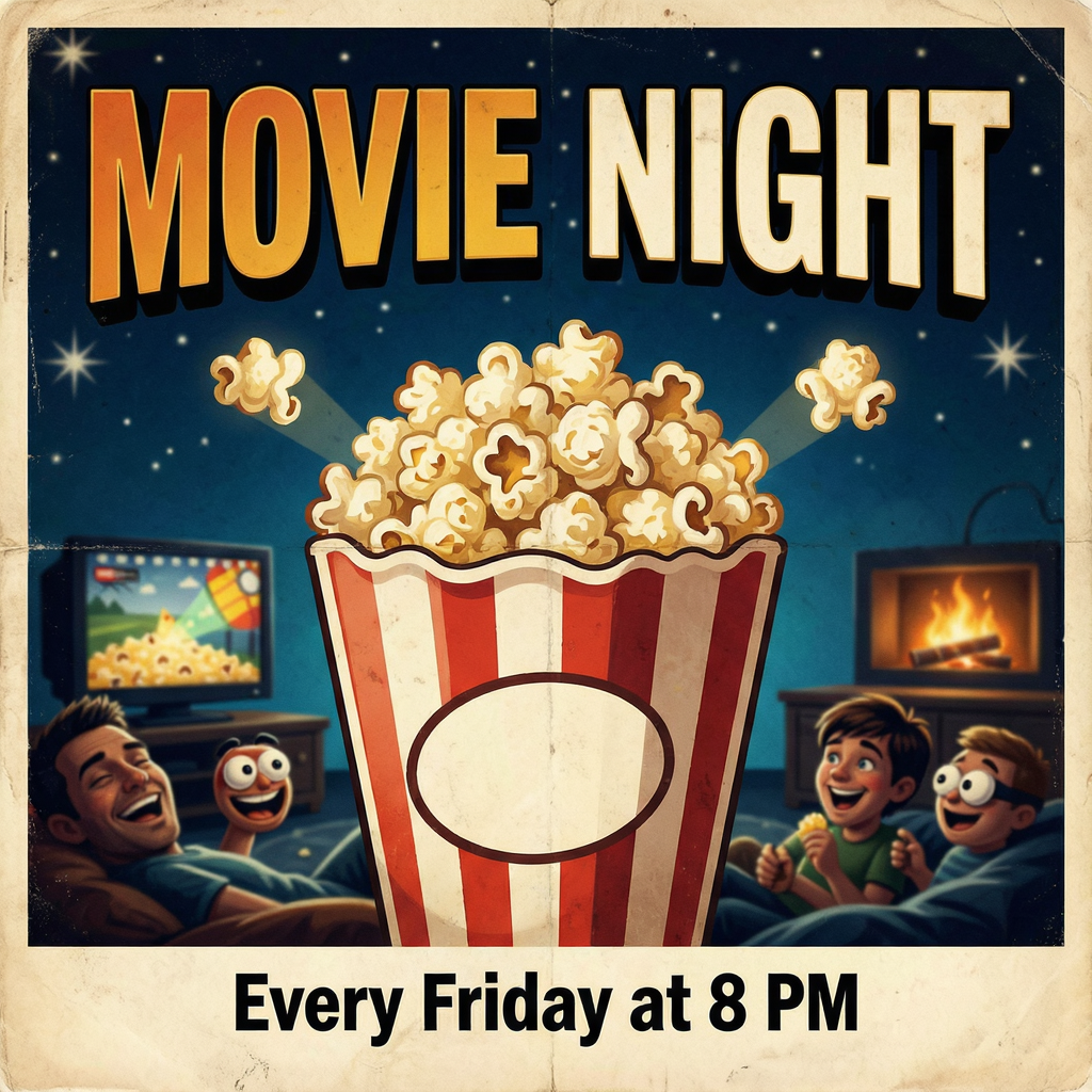 A movie night poster with a large popcorn image in the cente