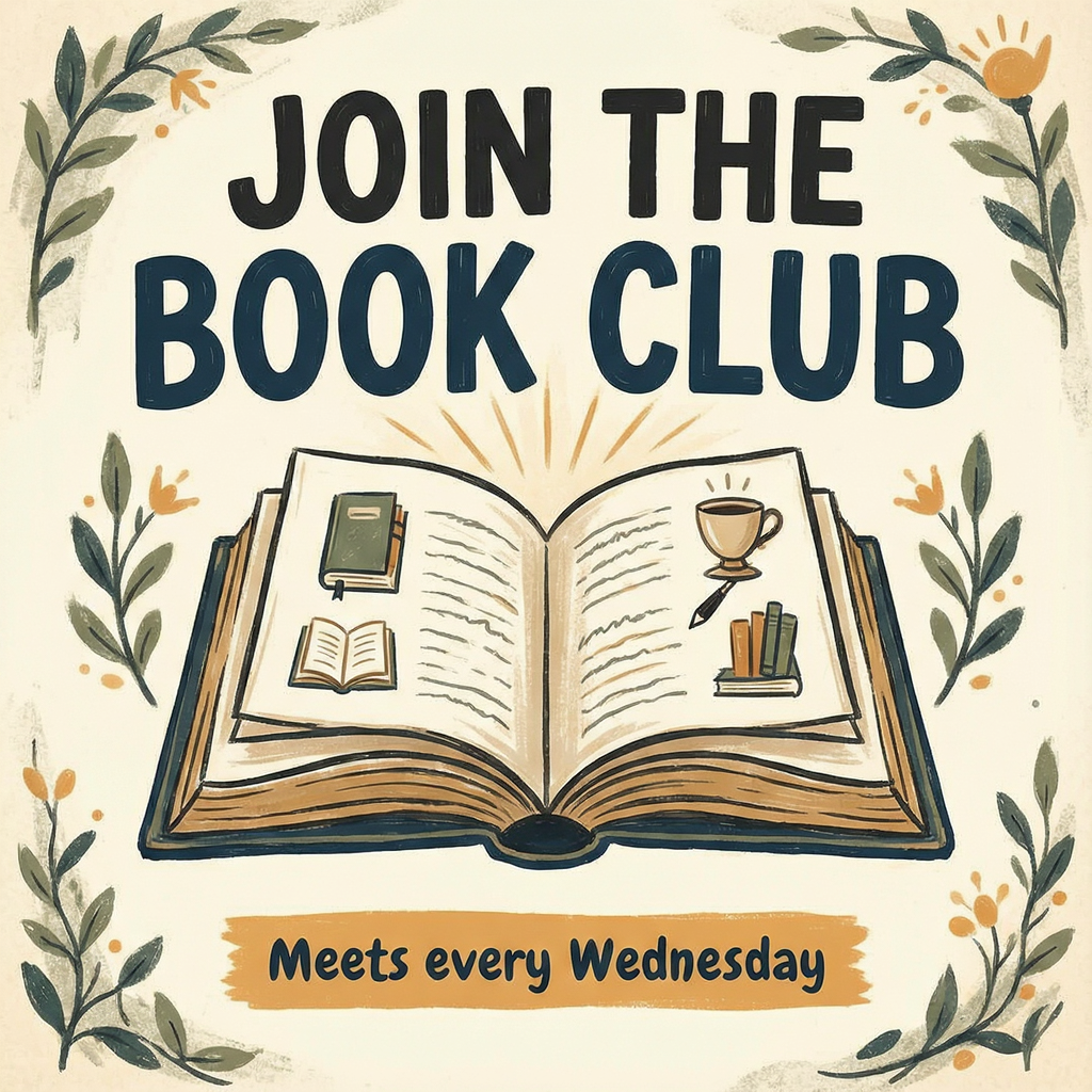 A book club poster with an open book illustration, the title