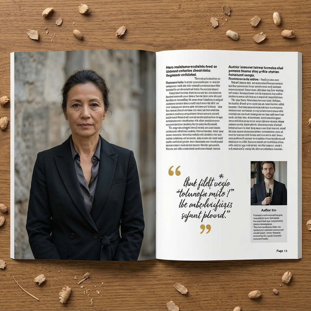 A magazine double-page spread with a left page containing a 