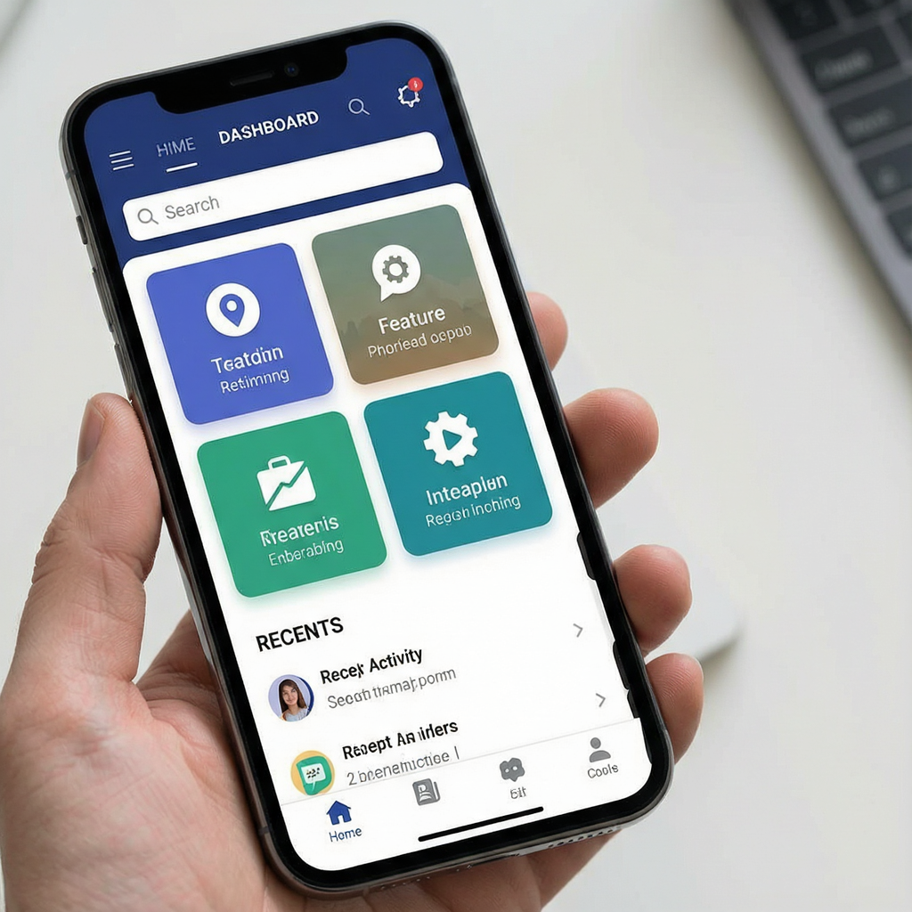 A mobile app UI mockup showing a dashboard with a top naviga
