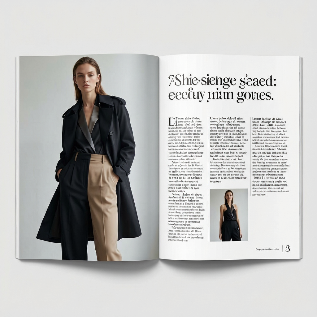 A fashion magazine spread with a full-bleed left-page photo,