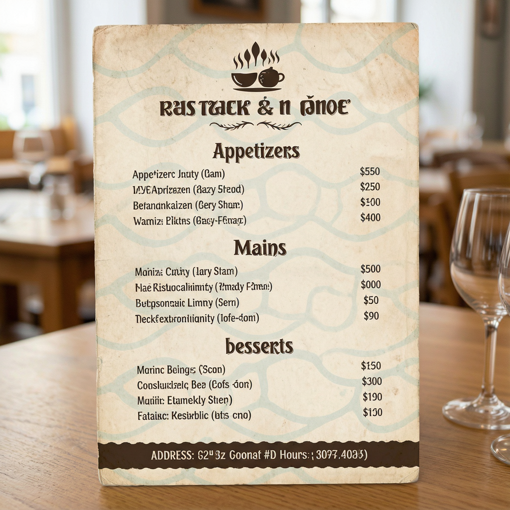 A restaurant menu layout with a logo header, three category 