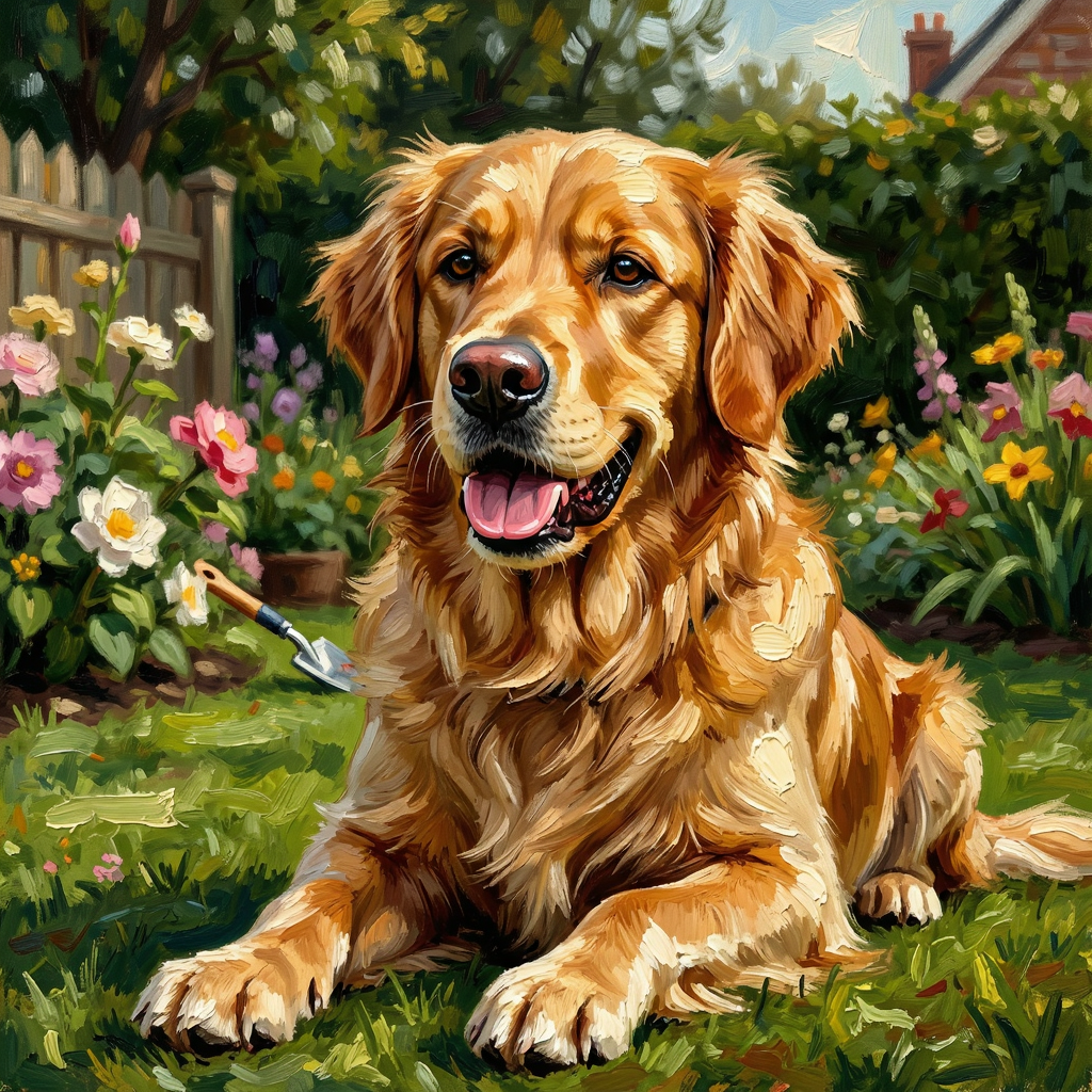 A golden retriever sitting in a garden, painted in the style
