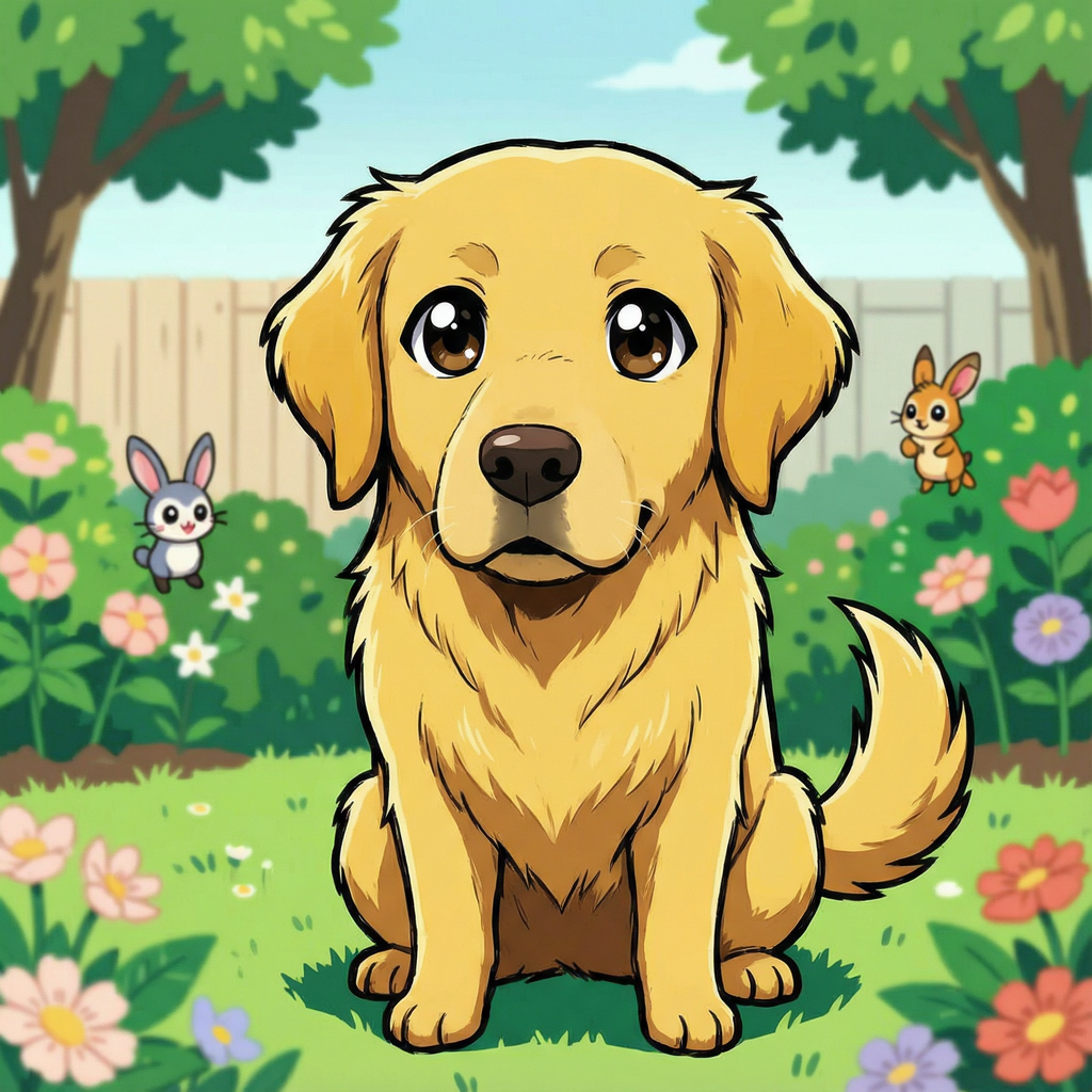 A golden retriever sitting in a garden, rendered in Japanese