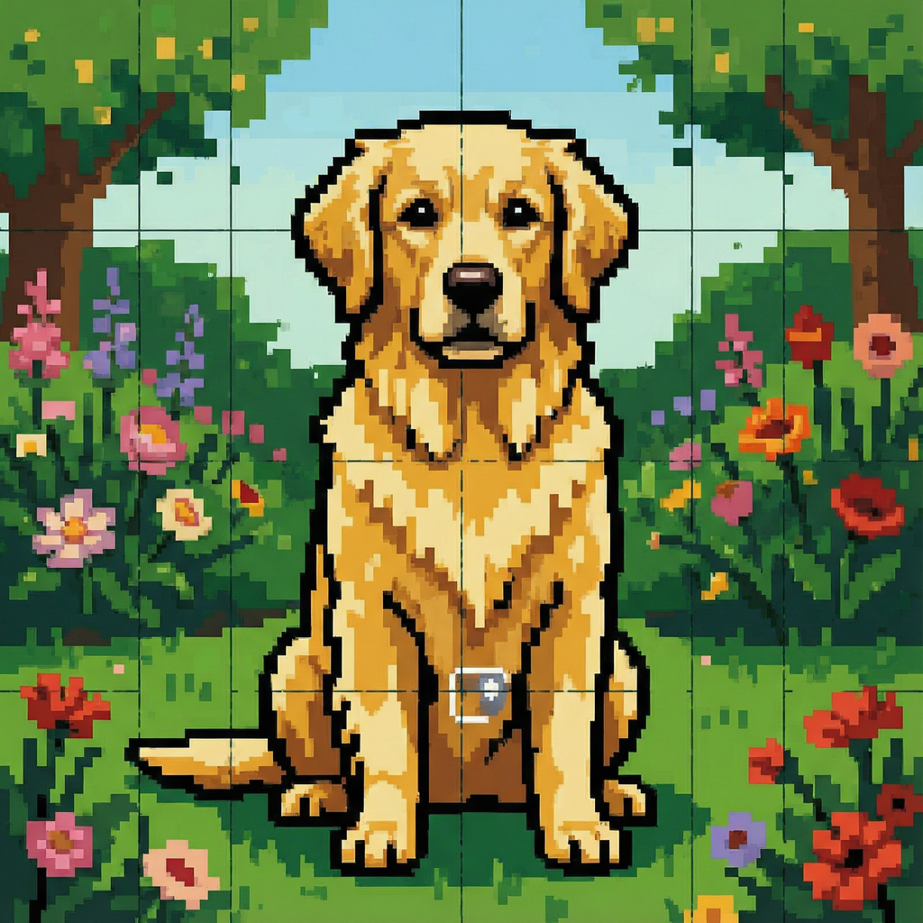 A golden retriever sitting in a garden, rendered in pixel ar