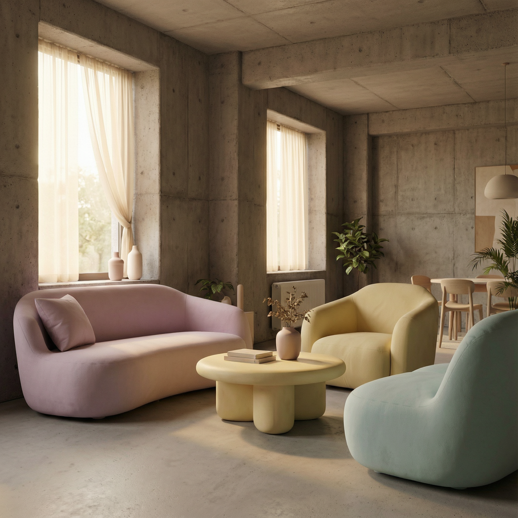An interior scene rendered in soft brutalism — raw concrete 