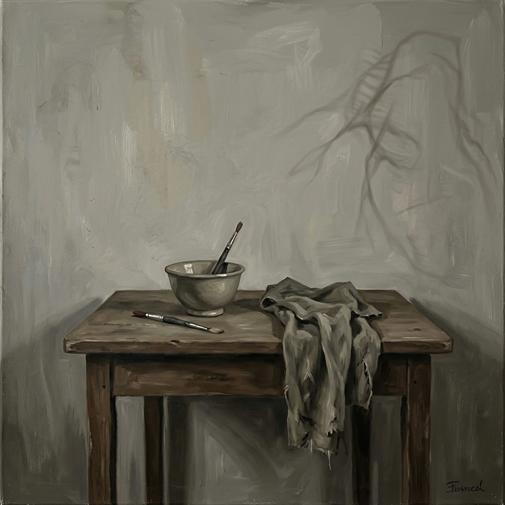 A still life painted in anxious minimalism — sparse composit