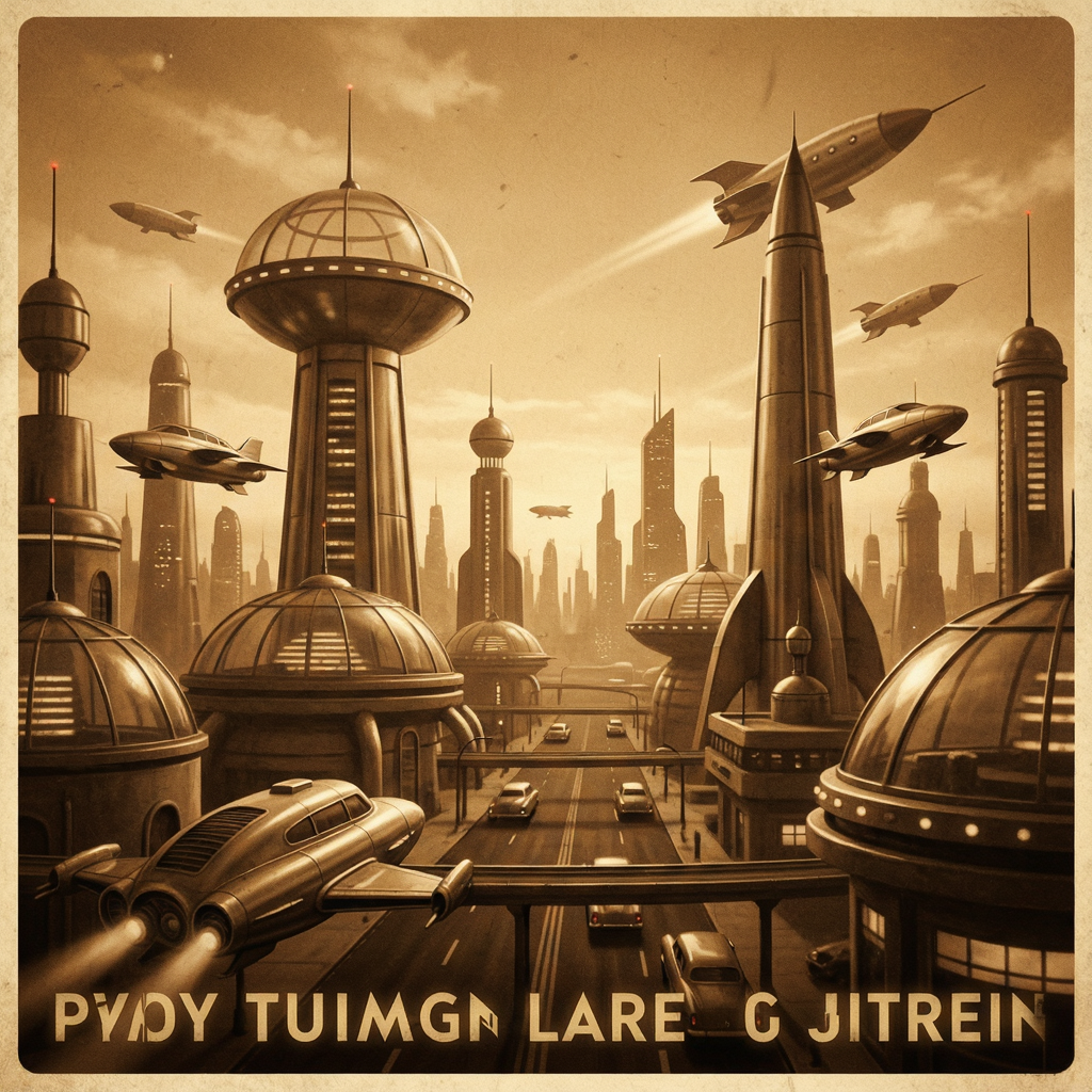 A cityscape rendered in nostalgic futurism — retro-futuristi