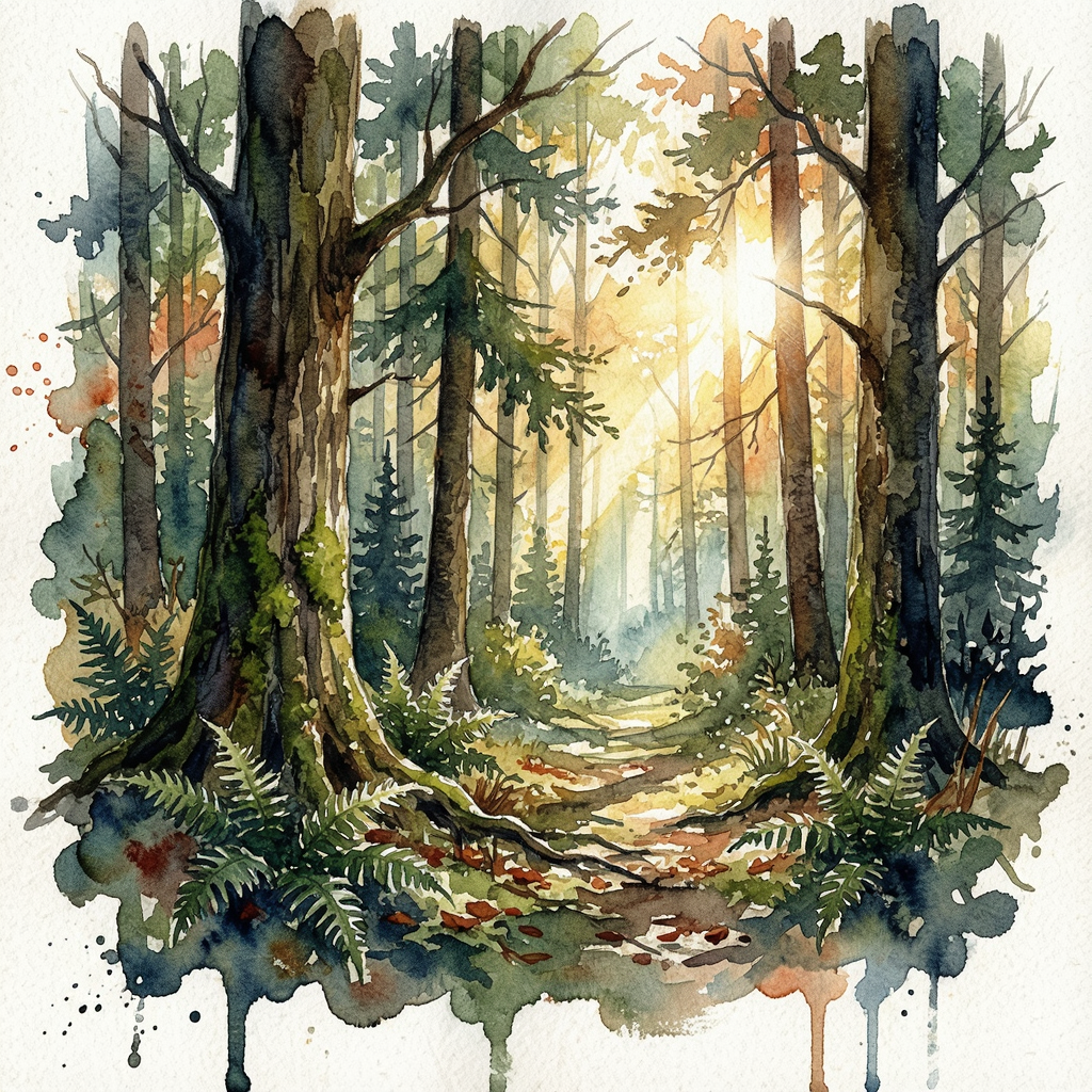 A forest rendered in photorealistic watercolor — the detail 