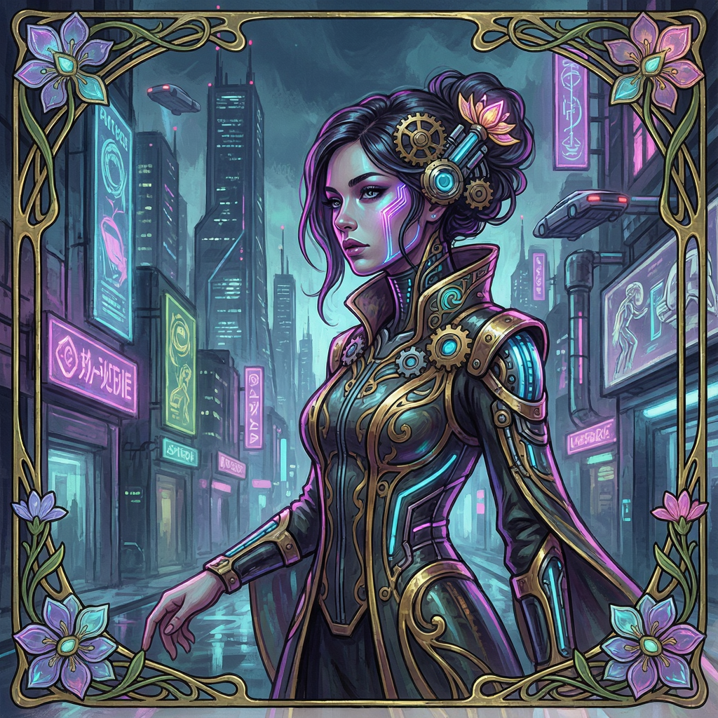 A woman in a futuristic city rendered in cyberpunk Art Nouve