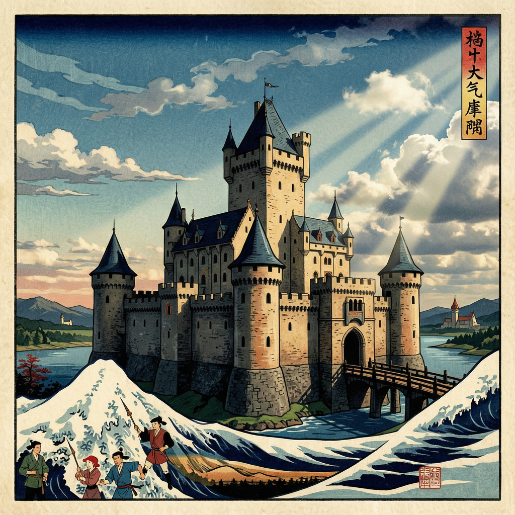 A medieval castle depicted in Japanese ukiyo-e woodblock pri