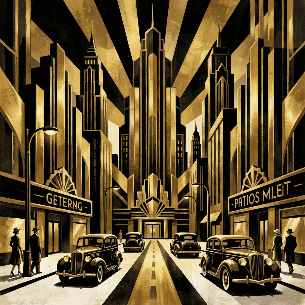 A city street scene in the style of Art Deco — geometric sha