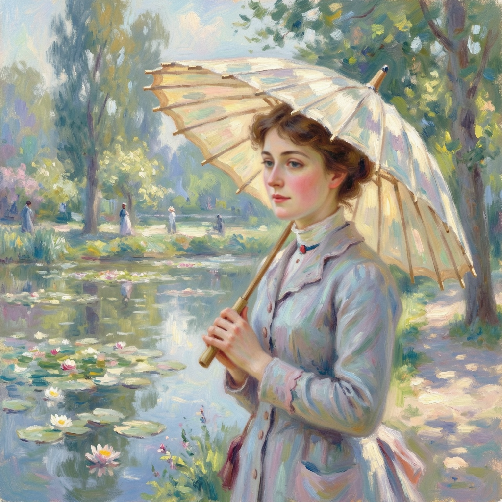 A woman with a parasol in the style of Impressionism — soft 