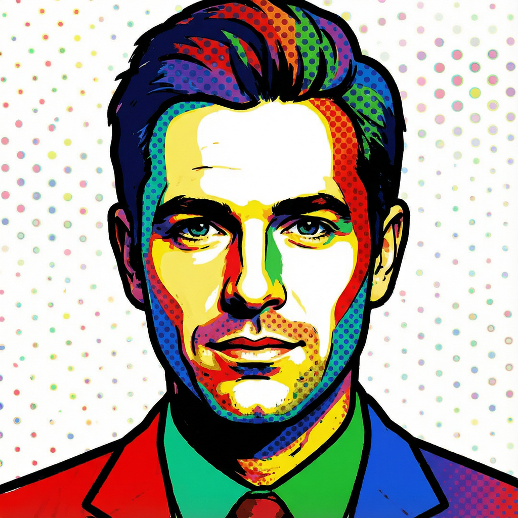 A portrait of a man in Pop Art style — bold outlines, Ben-Da