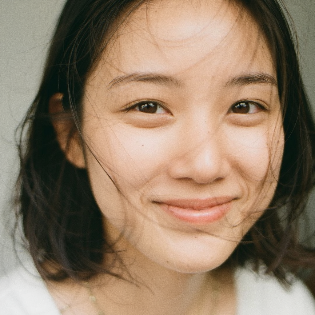 A close-up portrait of a young woman with a warm natural smi