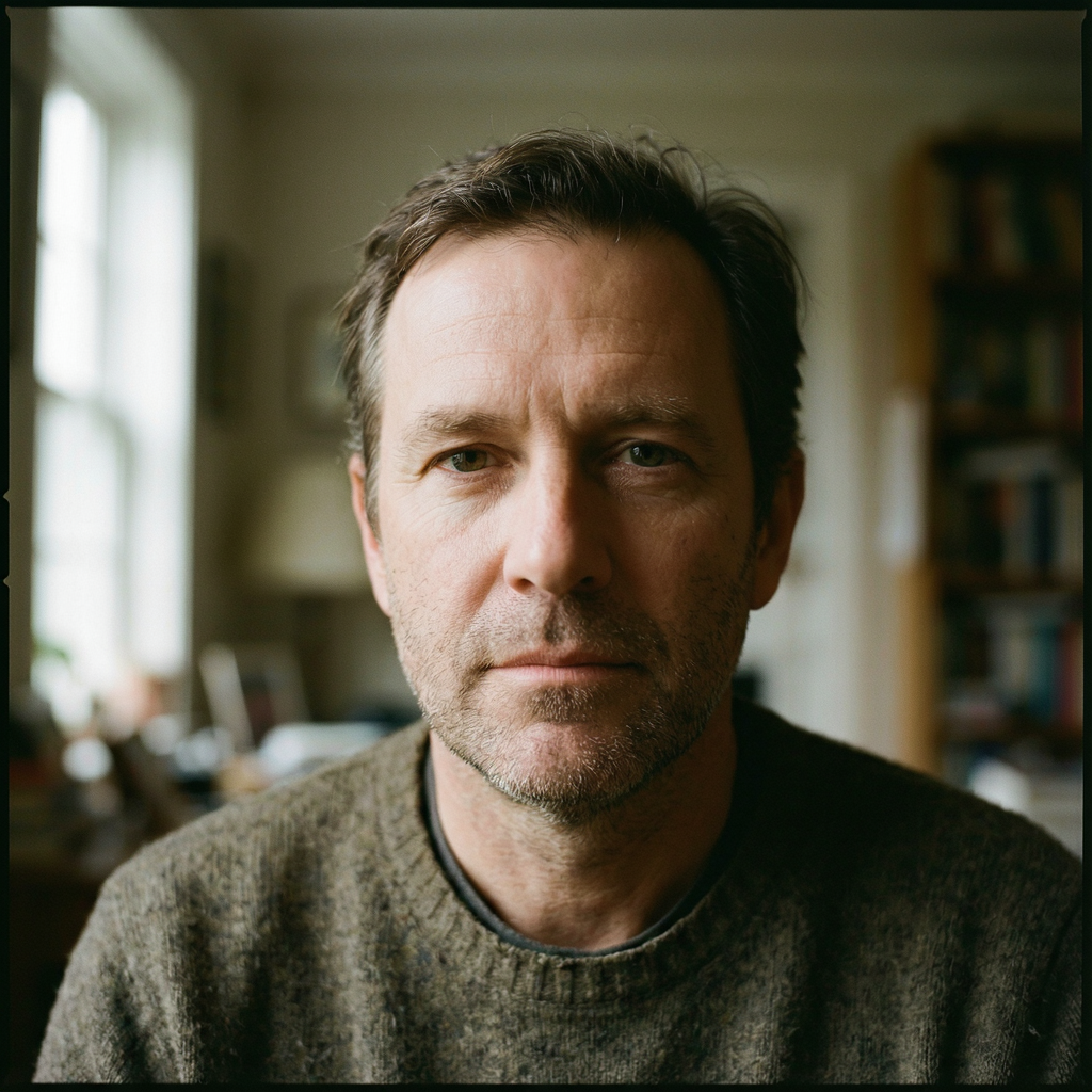 A portrait of a middle-aged man with a calm, serious express