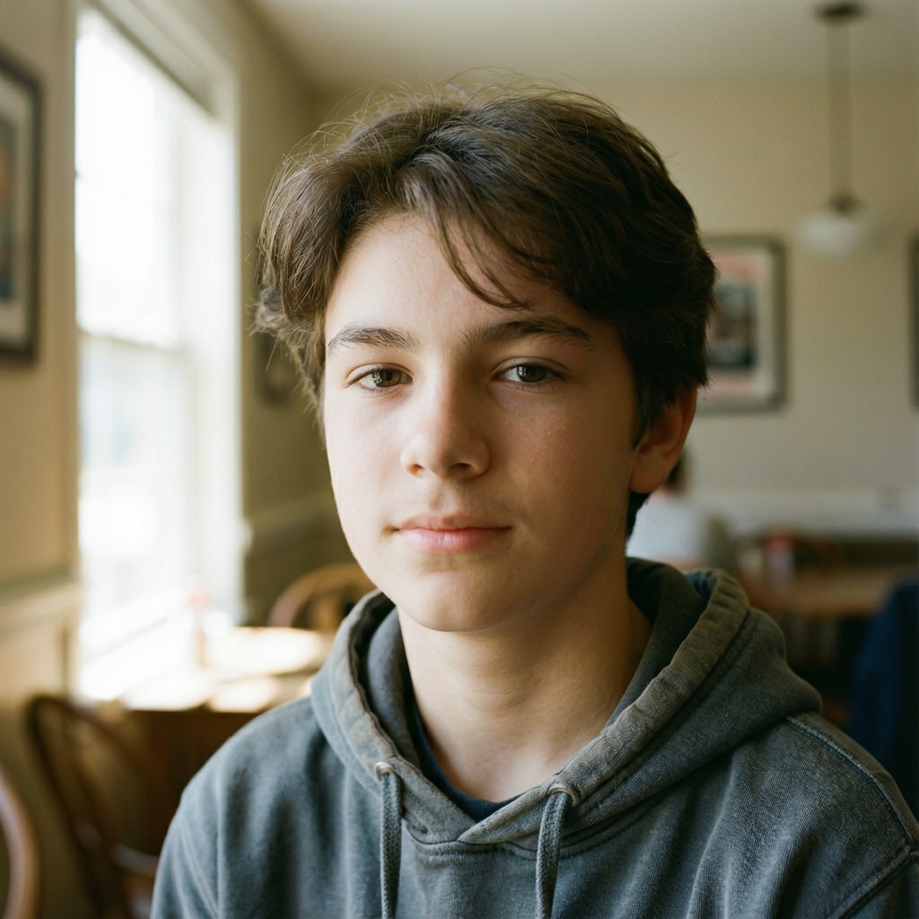 A headshot of a teenager with a relaxed, neutral face