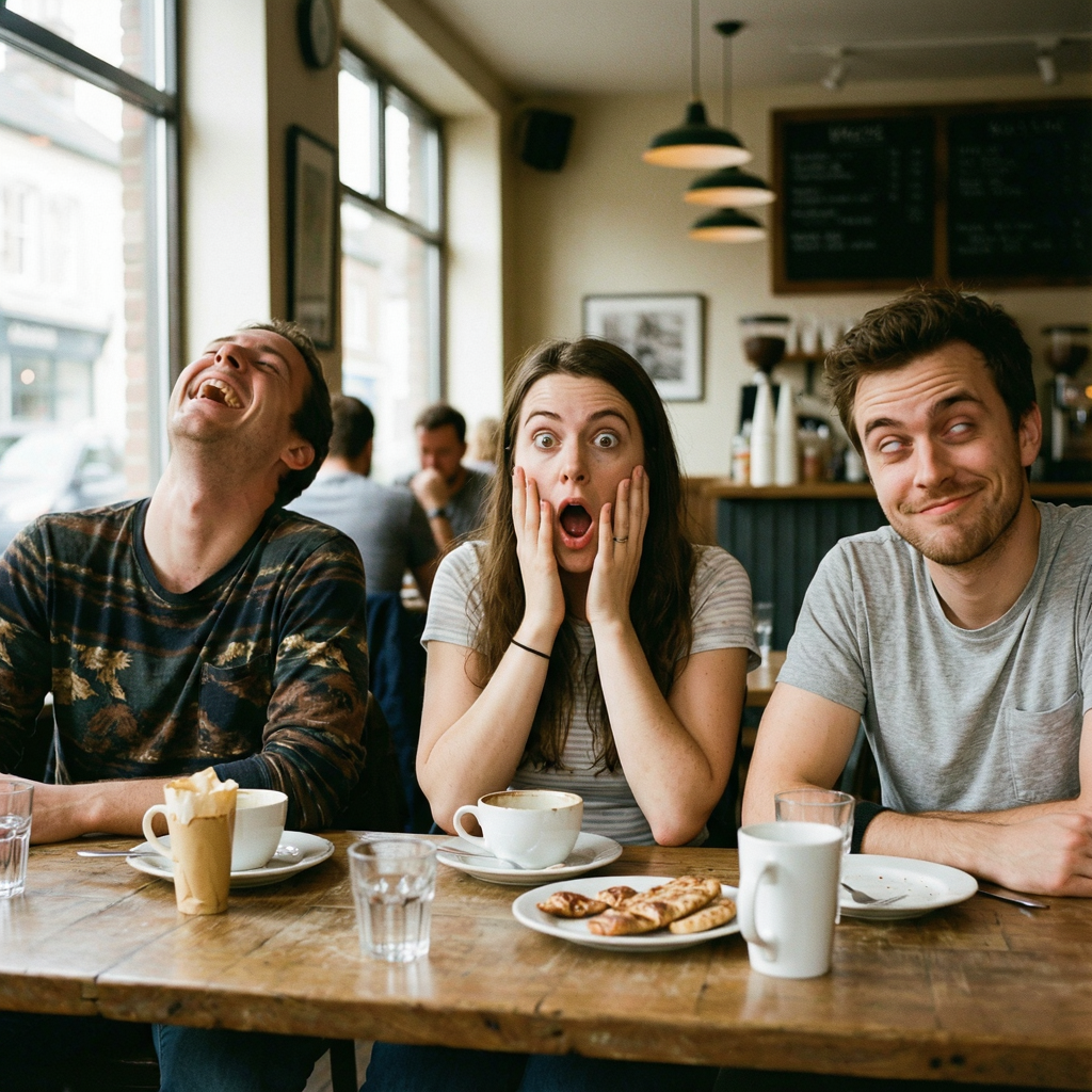A group of three friends at a table: one laughing with head 