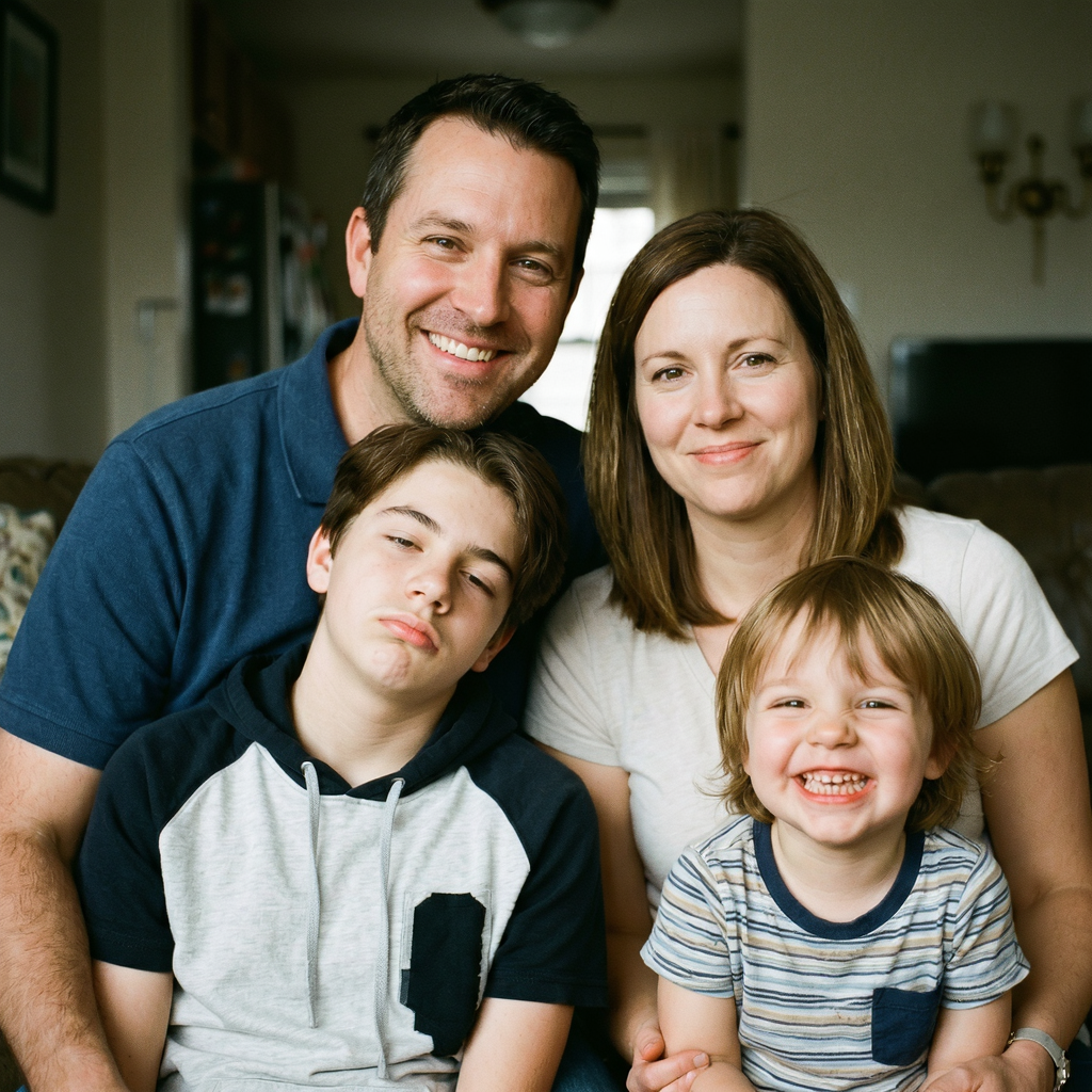 A family photo with four people: a father beaming with pride