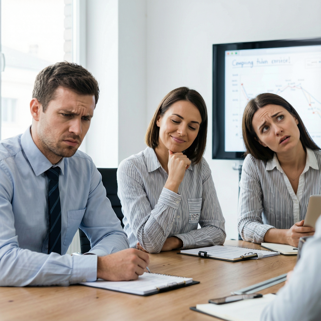 Three coworkers in a meeting: one looking frustrated with fu