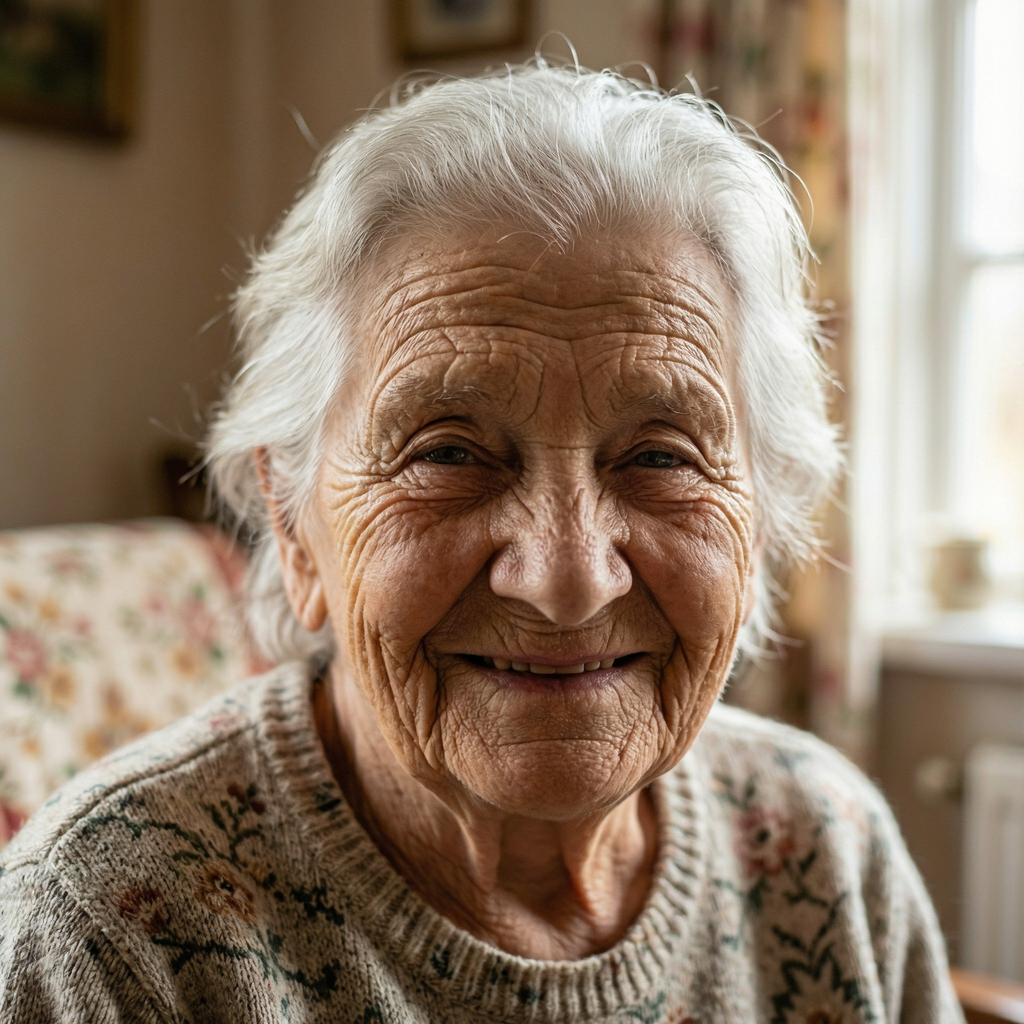 An elderly woman in her 80s with deep wrinkles and white hai