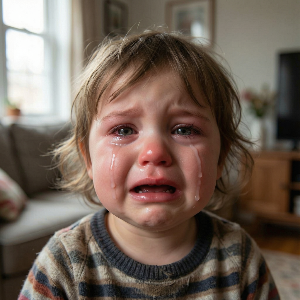 A 5-year-old child with round cheeks and large eyes, crying 