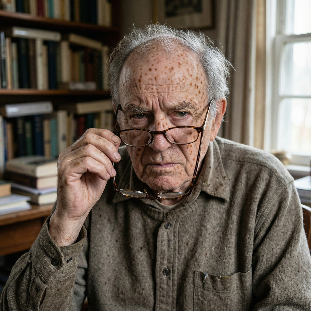 An elderly man in his 70s with age spots and thinning gray h