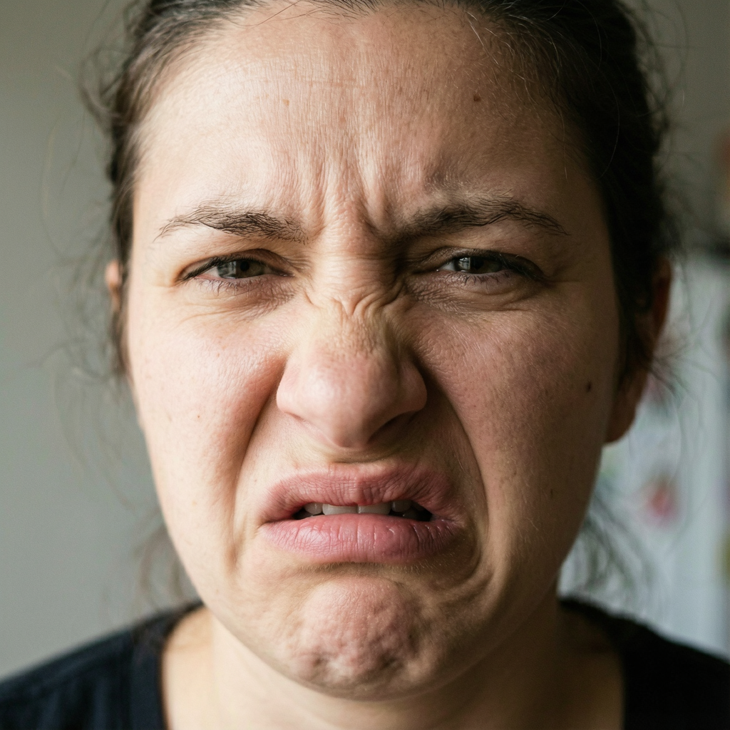 A close-up of a person's face showing clear disgust, nose wr